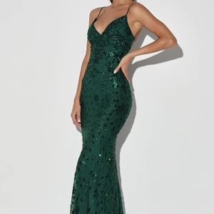 Lulu's Photo Finish Forest Green Sequin Lace-Up Maxi Dress